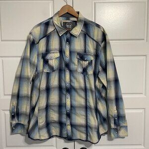 BKE Relaxed Fit Button Up Shirt Men's XL BluePlaid Pearl Snap Long Sleeve
